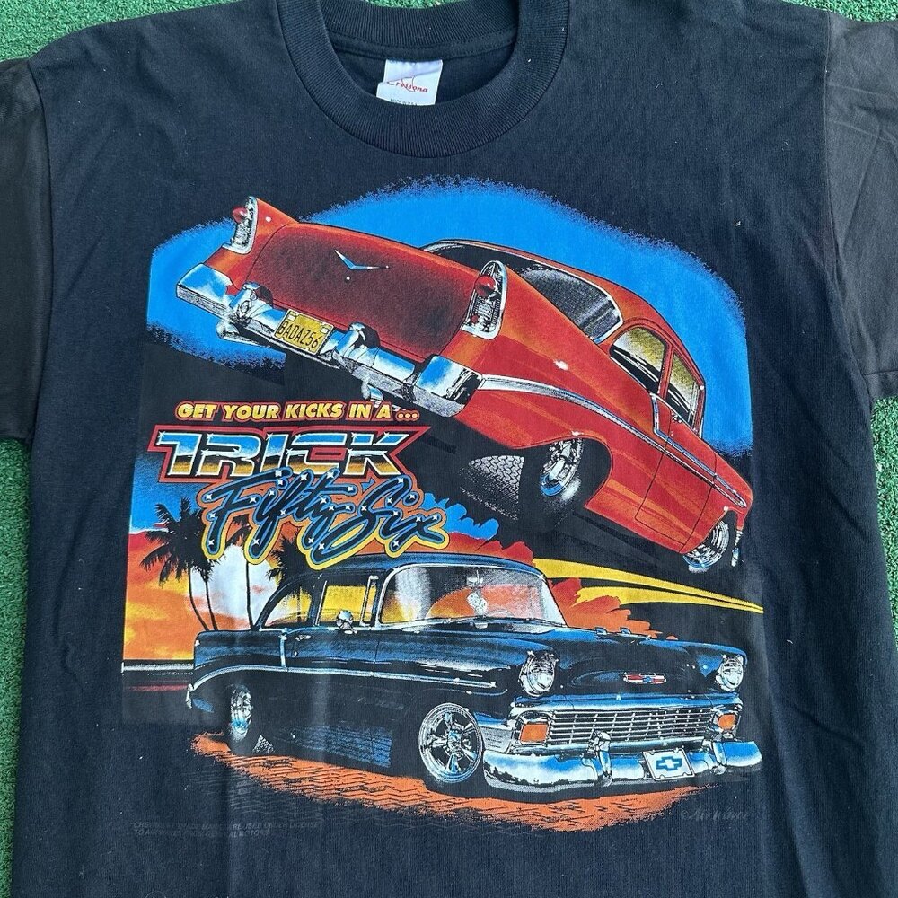 Vtg Airways Chevrolet Mens L Black Tee Get Your Kicks In A Trick Fifty Six - Picture 3 of 9